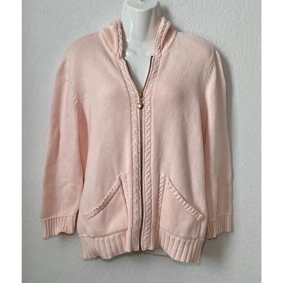 Vintage Ralph Lauren Women's Light Pink Cable Zip Up Hoodie Sweater Size Large - Picture 1 of 4